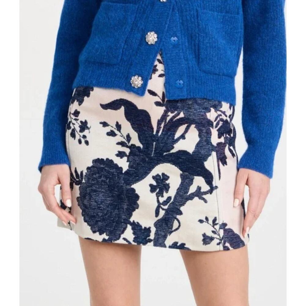 Floral Jacquard Mini Skirt - Blue on Cream